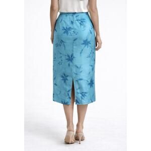 Jones New York Silk Skirt 10P Petite Blue Floral Midi Pencil Back Slit Lined